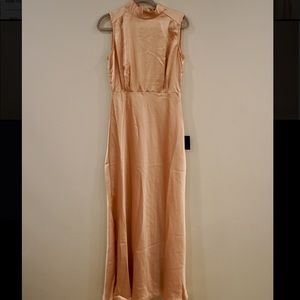 Lulu’s Classic Elegance Champagne Satin Sleeveless Mock Neck Maxi Dress